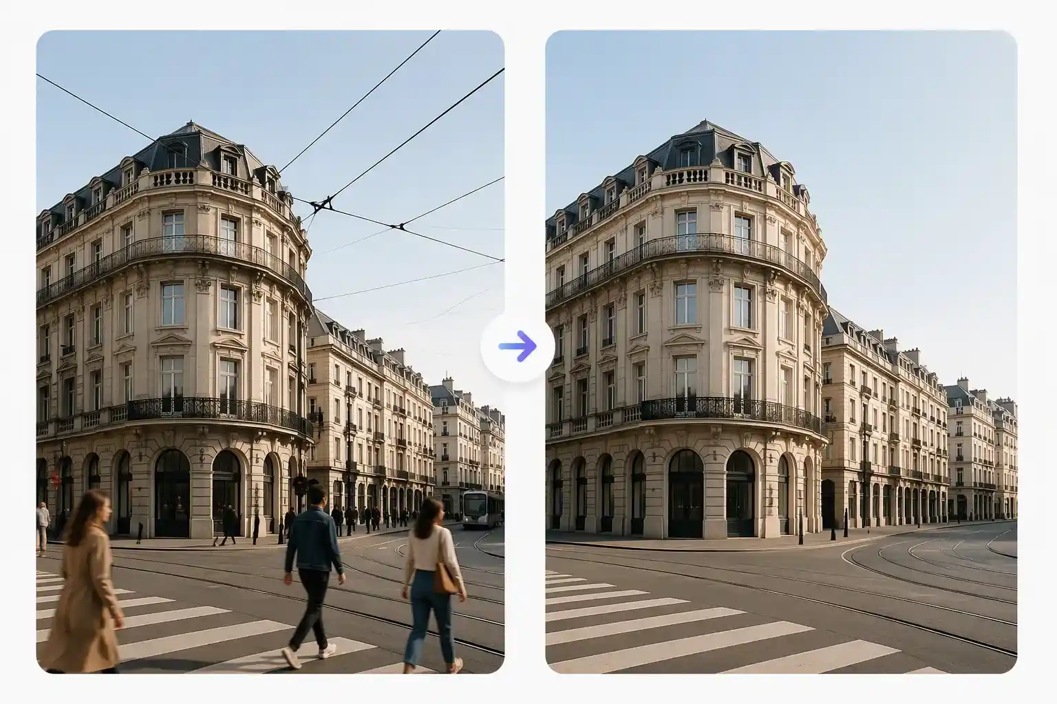 AI photo editor online removing people from a street photo