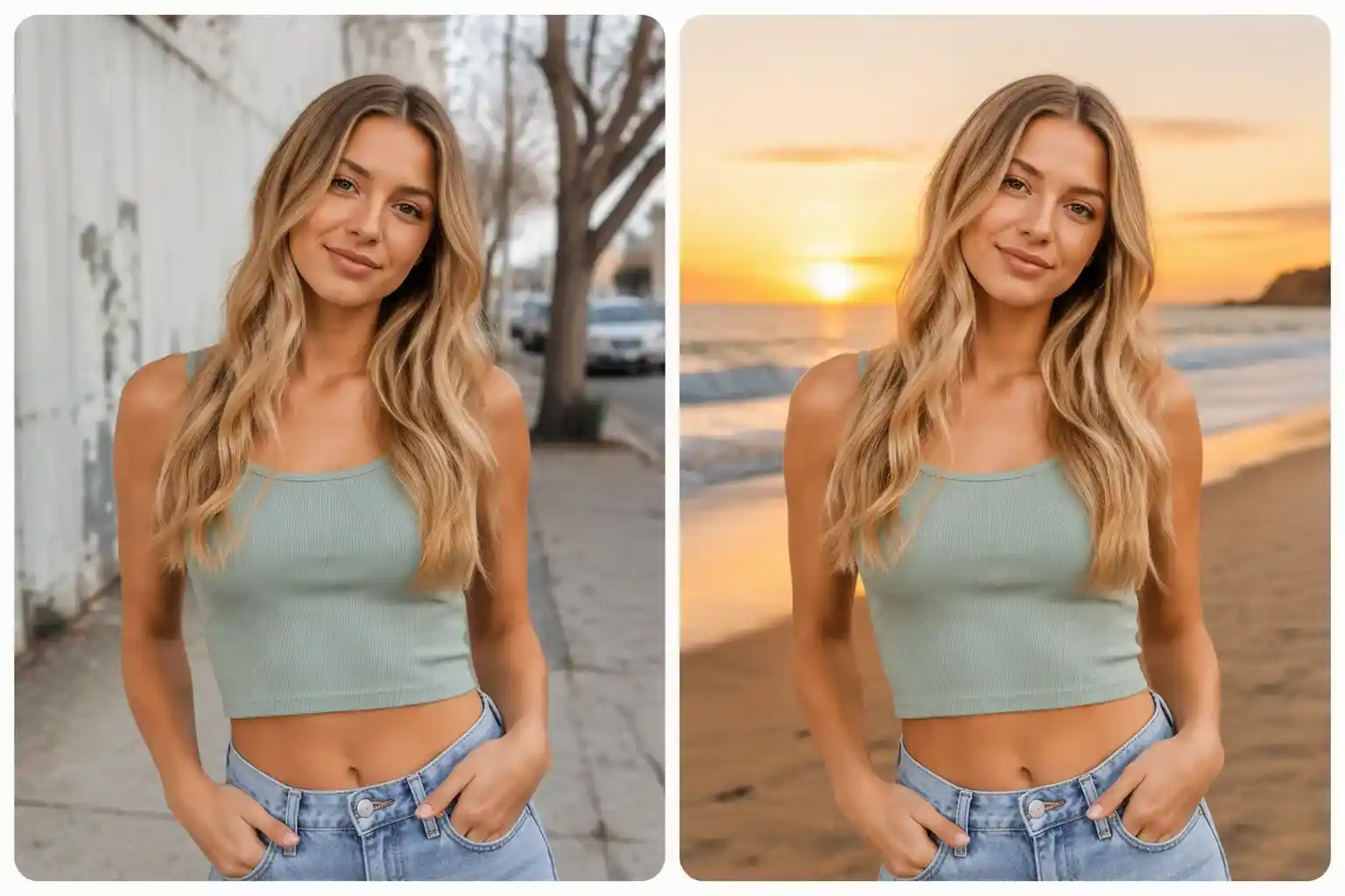 AI image editor changing a portrait background to a beach
