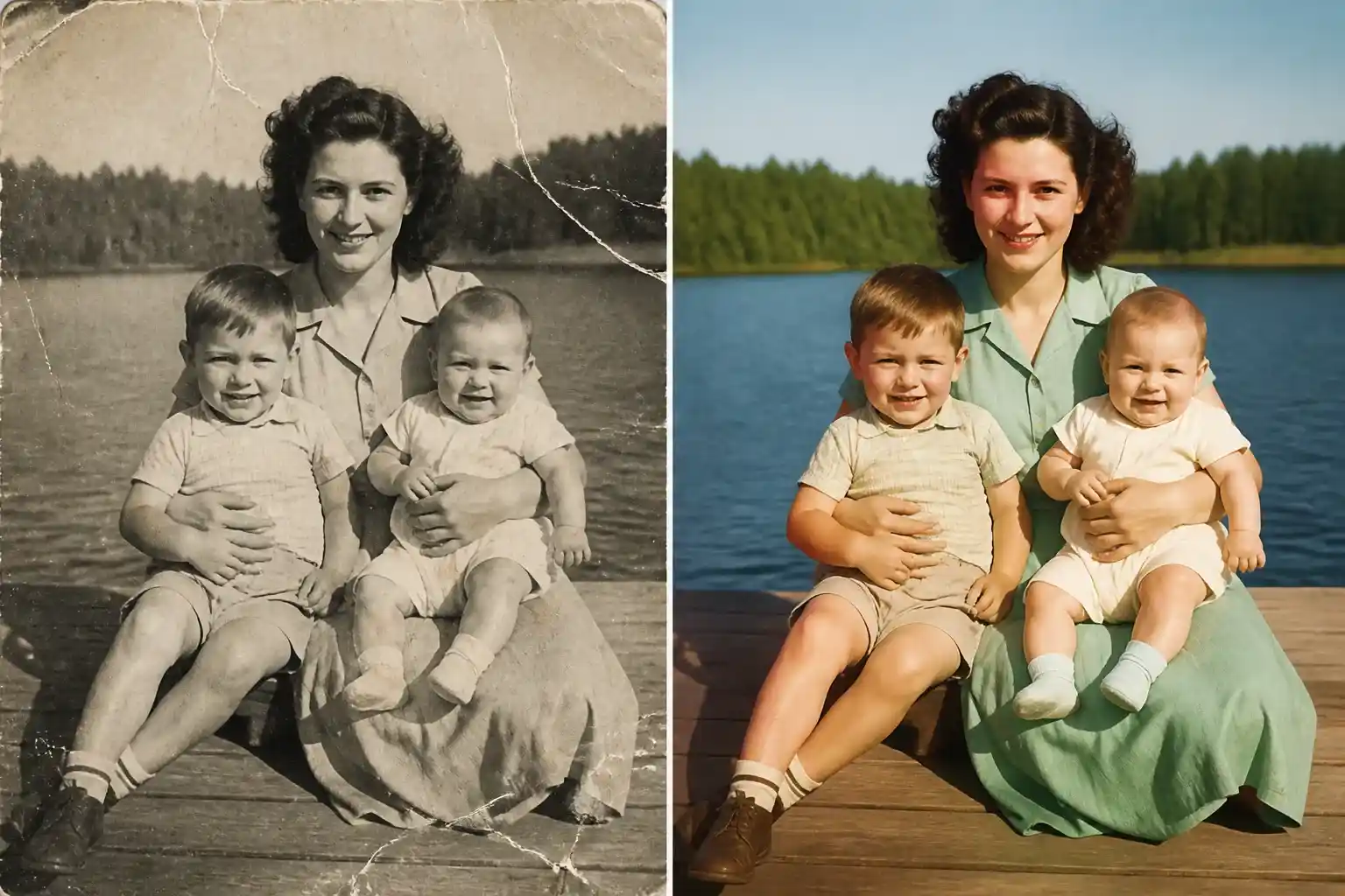 AI image editor restoring and colorizing an old family photo