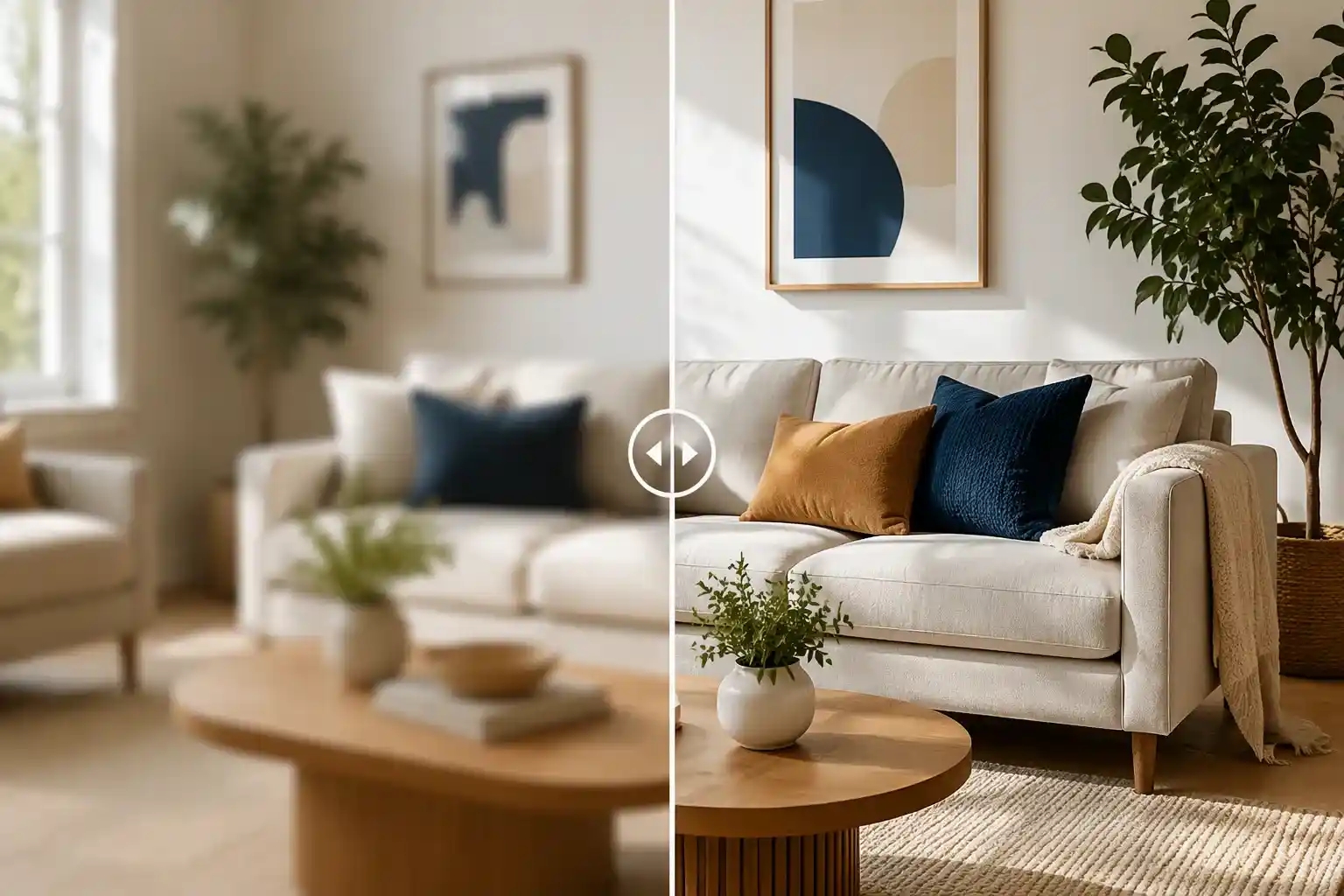 AI photo editor sharpening a blurry living room image