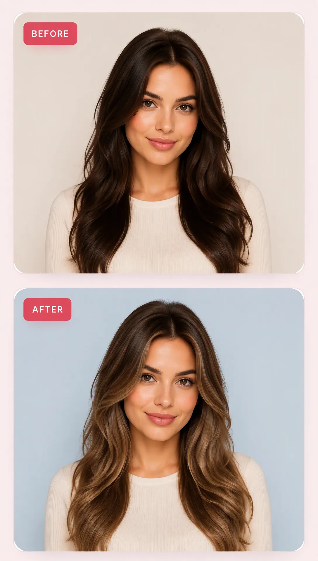 Before and after portrait editing with lighter hair and a blue background
