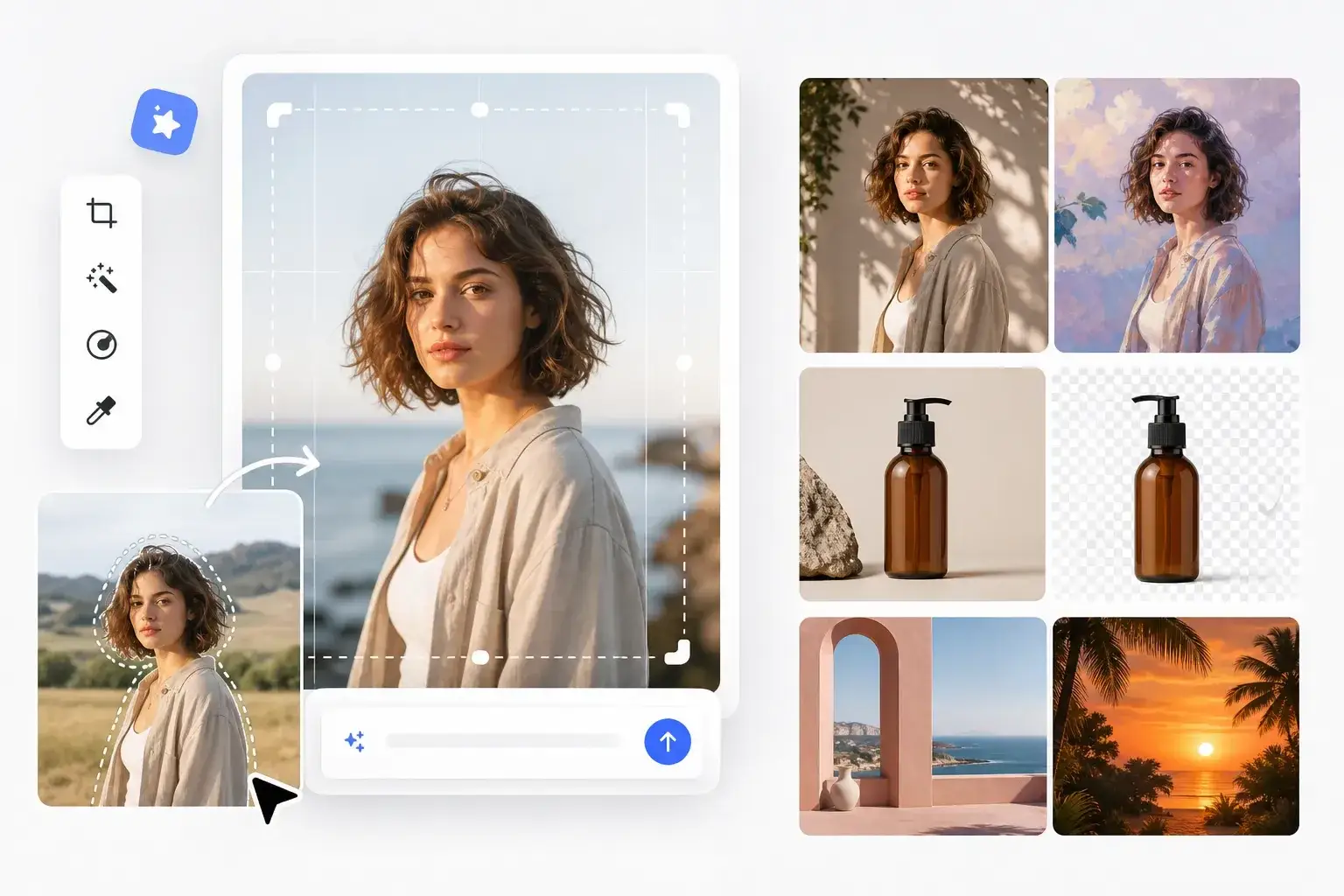 AI image editing examples showing portrait styles, background replacement, and product background removal